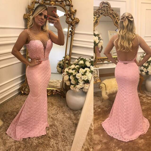 Illusion Back Lace Mermaid Evening Dress with Pearls prom dress    cg17791