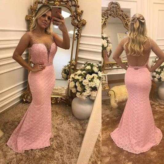 Illusion Back Lace Mermaid Evening Dress with Pearls prom dress    cg17791