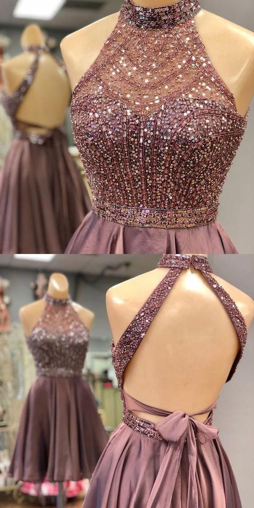 Halter Beaded Open Back Short Homecoming Dress 2019 Custom Made cg178