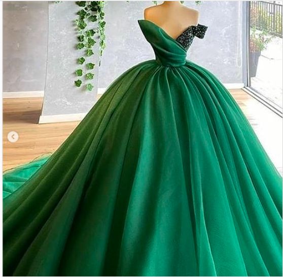 green prom dresses ball gown puffy tulle sequins beading floor length long arabic long evening dresses   cg17824