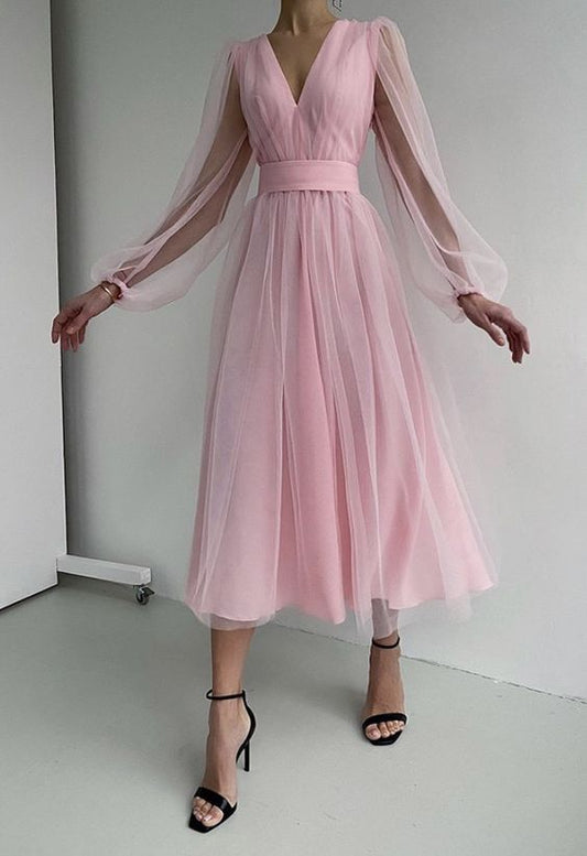 Sexy Evening Dress Long Sleeves A-Line Tulle Formal Prom Gown Party Dress   cg17870