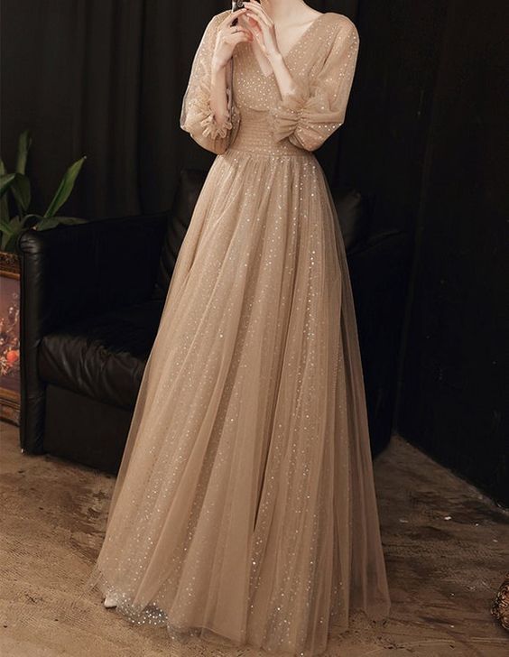 Prom Dress Champagne Evening Dress Elegant Sequins Party Dress 3/4 Sleeve Graduation Gown   cg17874