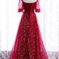 BURGUNDY TULLE LONG A LINE PROM DRESS EVENING DRESS   cg17897