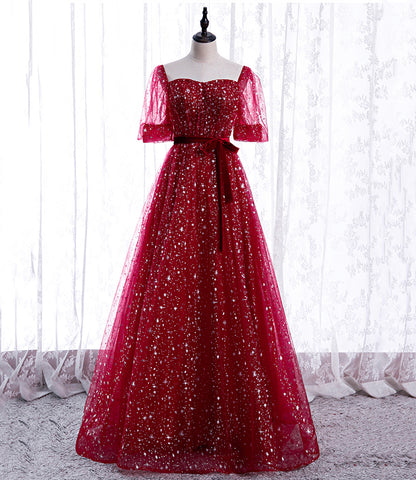 BURGUNDY TULLE LONG A LINE PROM DRESS EVENING DRESS   cg17897