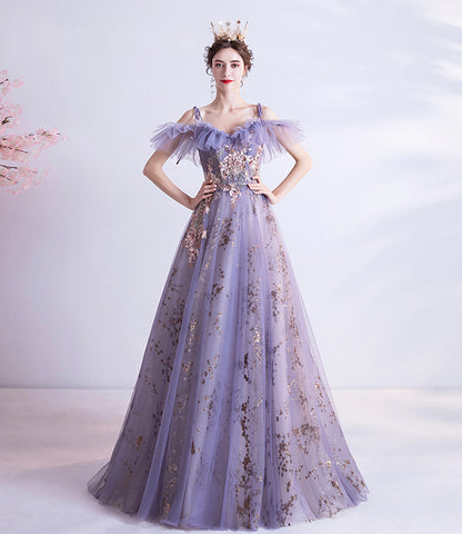 PURPLE LACE LONG A LINE PROM DRESS EVENING DRESS   cg17905