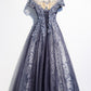 BLUE TULLE SEQUINS LONG PROM DRESS A LINE EVENING DRESS    cg17906