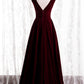 BURGUNDY V NECK LONG PROM DRESS A LINE VELVET EVENING DRESS    cg17907