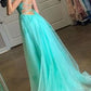 Spaghetti Straps High Slit Evening Dress Appliqued Sweep Train Long Prom Dress     cg17909