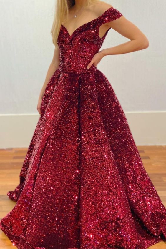 off the shoulder wine red sequined long prom gown ball gown    cg17910