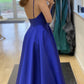 Blue satin long prom dress A line evening dress    cg17942