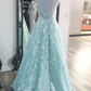 Blue v neck lace long prom dress A line evening dress   cg17946