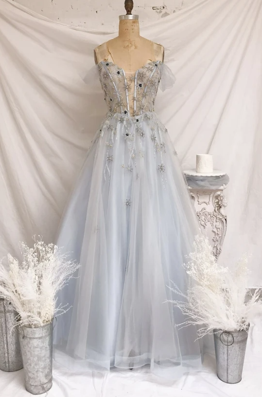 Blue tulle long A line prom dress blue evening dress    cg17949
