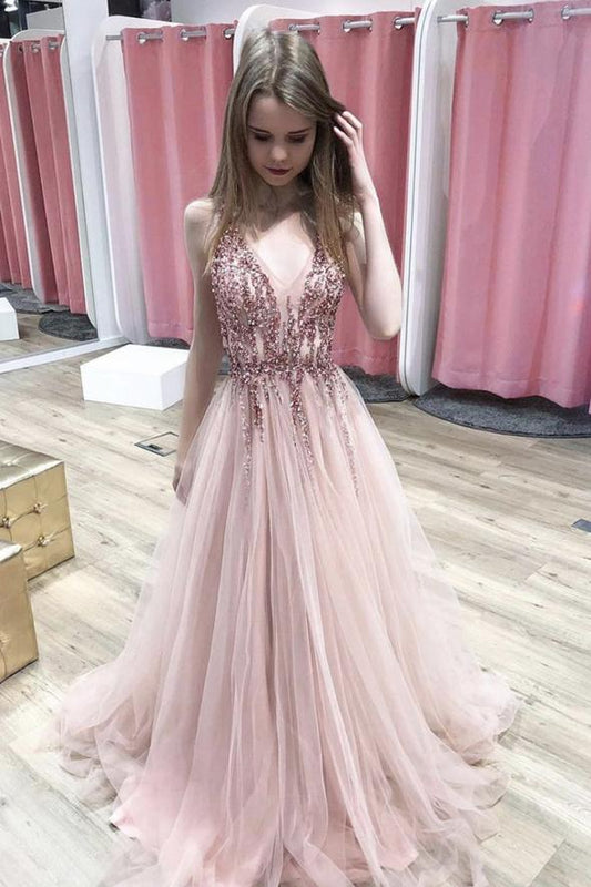 Pink v neck tulle beads prom dress evening dress    cg17960