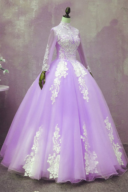 Light Purple Tulle Long Sleeves Applique Sweet 16 Gown, Beautiful Evening prom Dress Formal Dress   cg17969