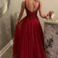 Shiny V Neck Backless Burgundy Lace Long Prom Dress   cg17989