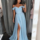 Simple blue satin long prom dress,off shoulder blue evening dress   cg18109