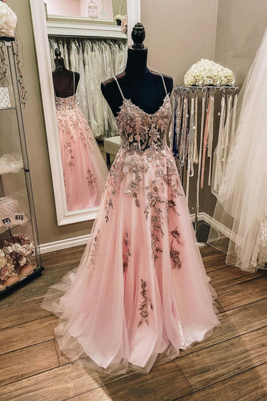 PINK LACE LONG A LINE PROM GOWN PINK FORMAL DRESS   cg18114