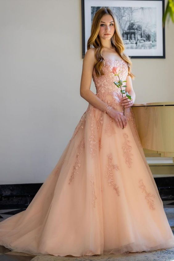 Pink Lace Tulle Appliques Long Prom Gown   cg18115