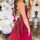 Burgundy v neck tulle lace long prom dress burgundy evening dress   cg18156