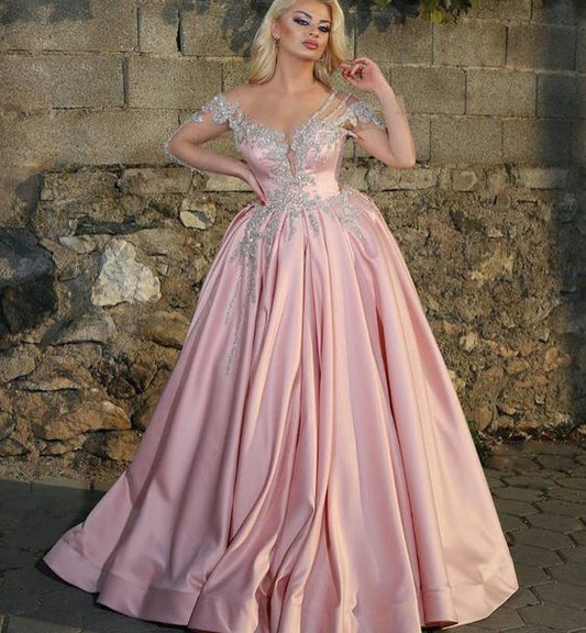 Off the shoulder pink satin prom dress    cg18163