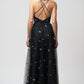 A line v neck black prom dress with stars cg1817