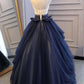 Ball Gown Blue Tulle Lace Long Prom Dresses Deep V Neck Backless Evening Dresses  cg1820