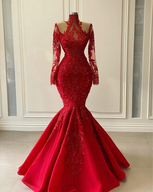 Red Luxurious Lace Beaded Evening Dresses 2021 Red Shiny Long Sleeve High Neck Mermaid Prom Gowns   cg18200