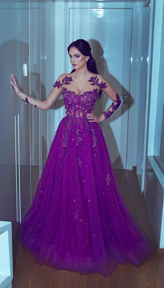 Purple Tulle Prom Dress Lace Appliques Women Party Dress   cg18224