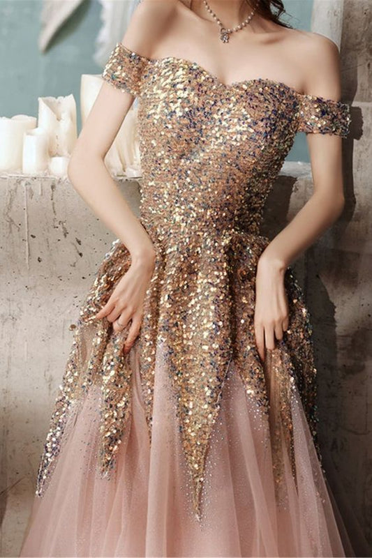 princess off the shoulder champgane sequins long formal prom dress   cg18288
