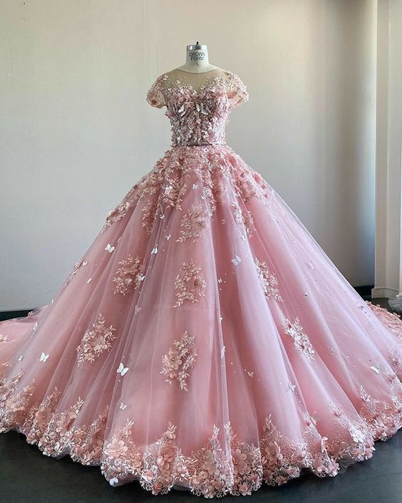 Pink Lace Tulle Prom Dress , Charming Ball Gown    cg18305