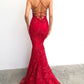 Red Mermaid Lace-Up Back Long Prom Dress with Lace Appliques   cg18315
