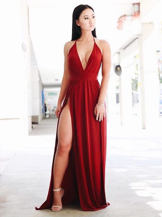 Sexy A Line V Neck Spaghetti Straps Burgundy Elastic Satin Split Long Prom Dresses cg1834