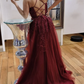 Burgundy lace long prom dress A line evening dress   cg18368