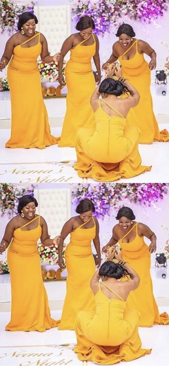 Prom Dress 2021 Amazing Yellow Mermaid One Shoulder Bridesmaid Dress For Brdial's Wedding Party   cg18404