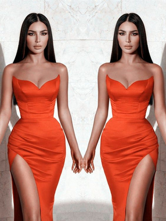 Long Sexy Strapless Mermaid Orange Satin Prom Evening Gown With Side Split    cg18408