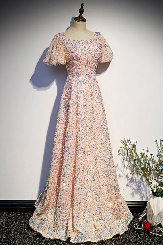 flutter sleeves champagne sequined long formal dress prom dress evening dress   cg18475