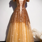 Gorgeous Gold Sequins Long Formal Gown, A-Line Golden Tulle Prom Dress   cg18539