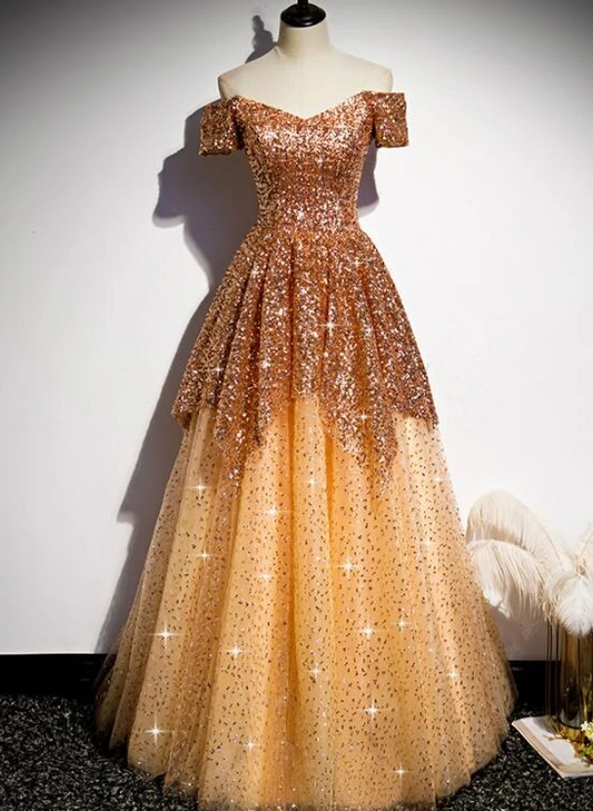 Gorgeous Gold Sequins Long Formal Gown, A-Line Golden Tulle Prom Dress   cg18539