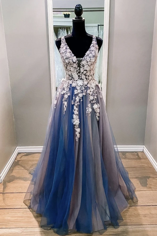 Blue lace appliqué long A line prom dress evening dress   cg18591