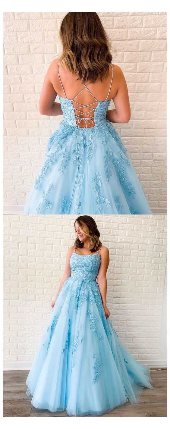Lace-Up Blue Prom Dress    cg18599
