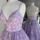 Gorgeous V Neck Thin Straps Purple Long Prom Dress, V Neck Purple Formal Evening Dress, Purple Ball Gown   cg18616