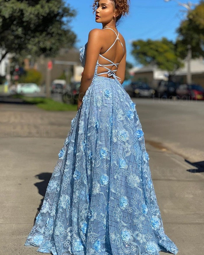 Light Blue Spaghetti Straps Lace A-line Prom Dress   cg18621