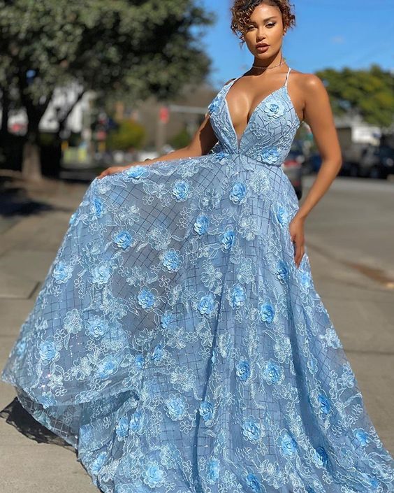 Light Blue Spaghetti Straps Lace A-line Prom Dress   cg18621