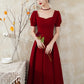 Burgundy party dress, short sleeve midi dress,satin homcoming dress   cg18626