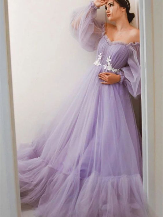Purple Tulle Long Sleeves Prom Dresses, Purple Tulle Long Sleeves Formal Evening Dresses   cg18633