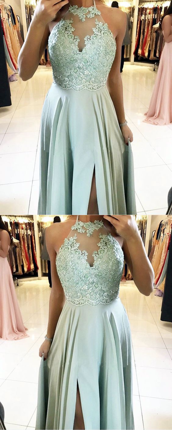Sage Green Bridesmaid Dresses Halter Neck Side Split Chiffon Formal Bridal Party Dress Prom Dresses    cg18654
