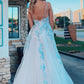 A-line white tulle and light blue embroidery long prom dress formal dress    cg18666