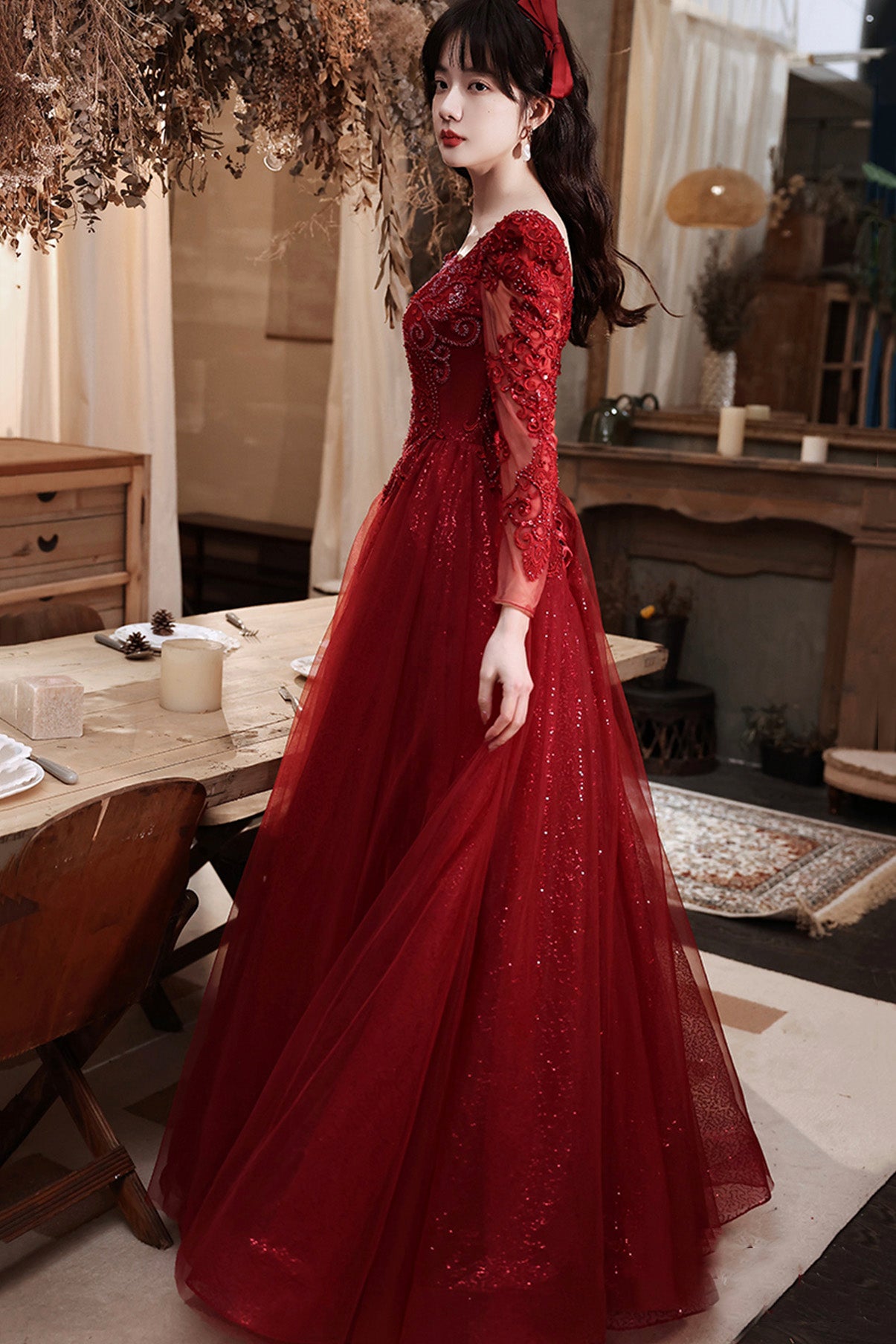 BURGUNDY LACE LONG PROM DRESS EVENING DRESS   cg18726