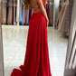 A Line V Neck Red Long Backless Prom Dresses, Red Long Backless Formal Evening Dresses   cg18739