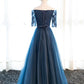 Navy Blue Half Sleeves Lace Long Prom Dresses, Navy Blue Lace Formal Dresses   cg18818